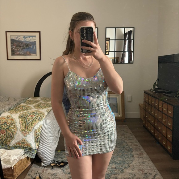 vintage silver sequin bodycon mini dress, spaghetti strap - Picture 1 of 11